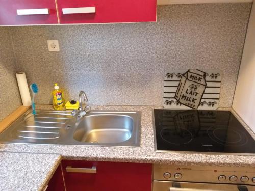 a kitchen counter with a sink and a stove at Ferienwohnung mit Herz in Nauort