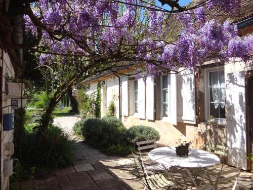 un árbol con flores púrpuras colgando sobre una mesa en Chambres & Tables d'Hôtes L'Ostal de Pombonne, en Bergerac