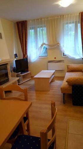 a living room with a couch and a table at The Castle Complex - Apartment 401 in Pamporovo