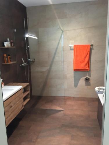 uma casa de banho com um chuveiro e uma toalha laranja em Brig City Garden Apartment em Brig