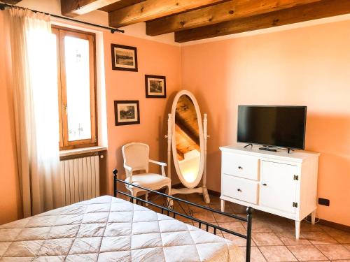 1 dormitorio con 1 cama, TV y espejo en Le Finestre Su Borghetto, en Valeggio sul Mincio