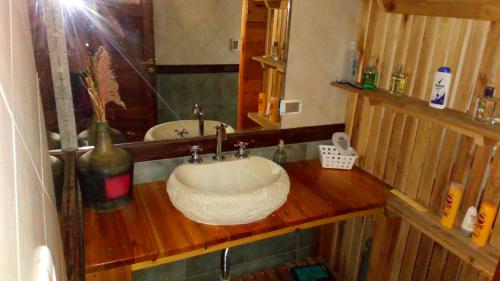 a bathroom with a wooden counter with a sink at La Casona de Gise in La Adela