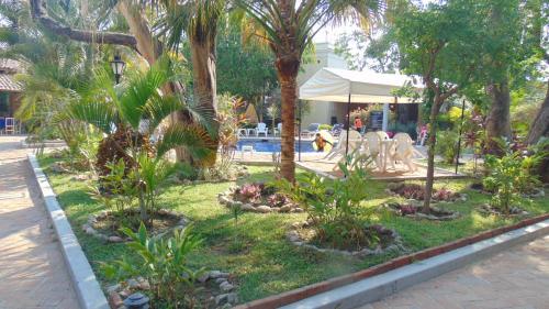 a garden with palm trees and a swimming pool at Hotel Quinta Minera in Cosalá