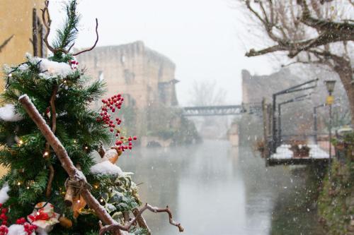 a christmas tree with snow on it next to a river at Le Finestre Su Borghetto in Valeggio sul Mincio