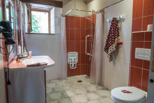a bathroom with a sink and a shower and a toilet at Gite de la Petite Burnie in Biras