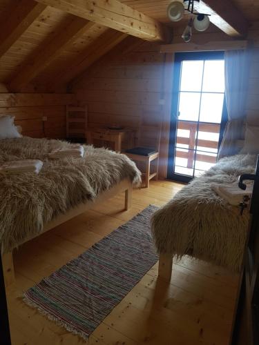 Habitación con 2 camas, alfombra y ventana en Tulean Cabin, en Săcel