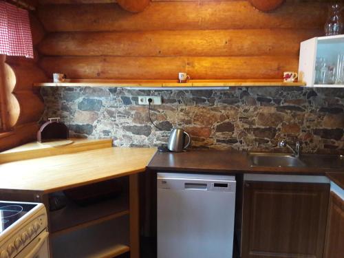 a kitchen with a sink and a stone wall at Šumavská Barborka in Vimperk