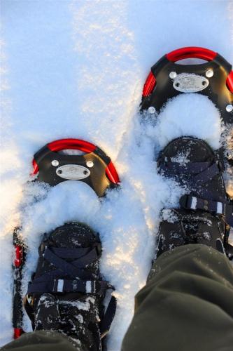 a person standing in the snow with their snow shoes at Lapphaugen Turiststasjon in Tennevoll