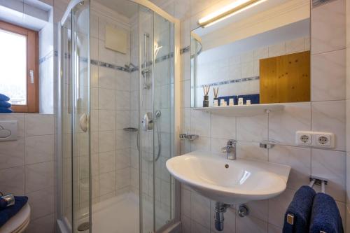 a bathroom with a sink and a shower at Appartement Steinbock in Sankt Johann in Tirol