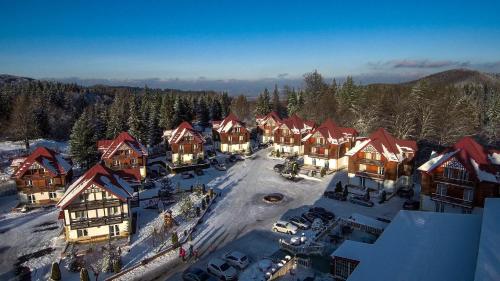 an aerial view of a resort in the snow at Monterai Resort in Poiana Brasov
