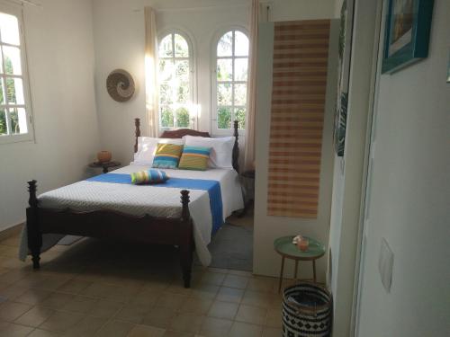 a bedroom with a bed and two windows at Ti Cajou in Baie-Mahault
