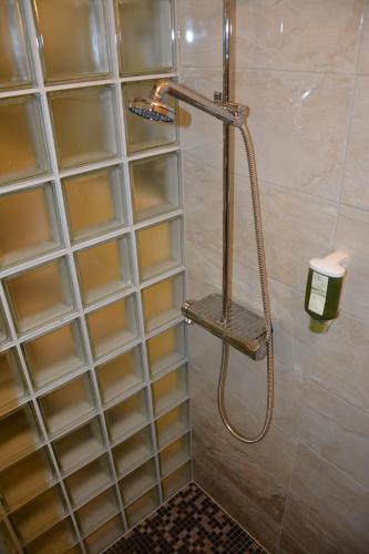 y baño con ducha con cabezal de ducha. en Habánský dům, en Dolní Věstonice