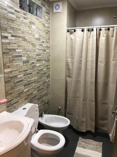 a bathroom with a toilet and a sink and a shower at Departamento Leben in Colón