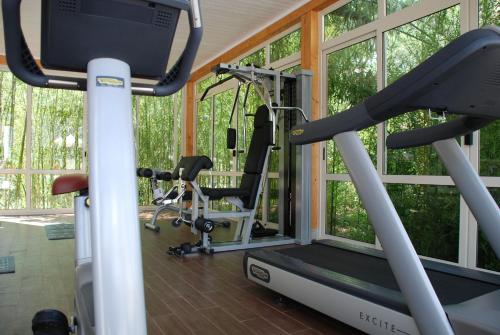 a gym with two tread machines and a treadmill at Park Hotel Marinetta - Beach & Spa in Marina di Bibbona