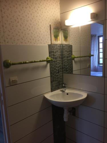 a bathroom with a sink and a mirror at Chez Mémère Hélène in Sormonne