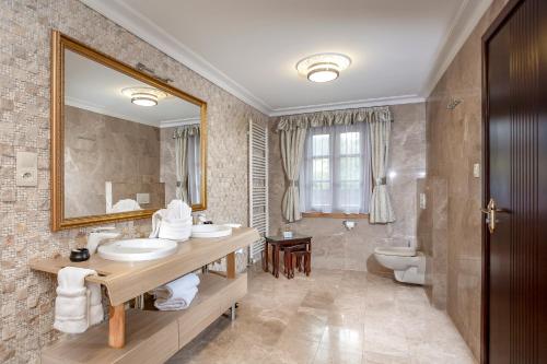uma casa de banho com um lavatório, um WC e um espelho. em Mountain Resort Ždiar - River em Ždiar