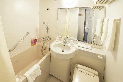 a bathroom with a sink and a toilet and a mirror at Sotetsu Fresa Inn Ueno-Okachimachi in Tokyo