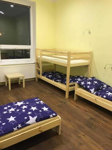 two bunk beds in a room with a large window at SOKOLOVNA TRUTNOV in Trutnov