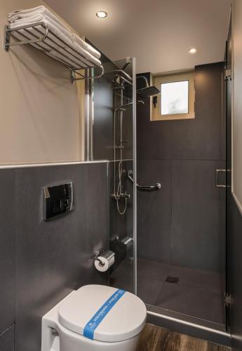 a bathroom with a toilet and a shower at Elotis Suites in Agia Marina Nea Kydonias