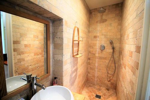 a bathroom with a sink and a shower at Coeur de Cannes Forville - Vieux Port Palais Plage in Cannes