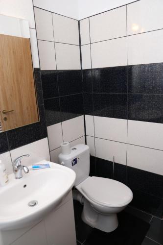 a bathroom with a white toilet and a sink at Robert 's apartament in Ploieşti