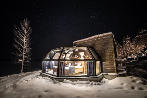 a glass house in the snow at night at Ranua Resort Arctic Igloos in Ranua