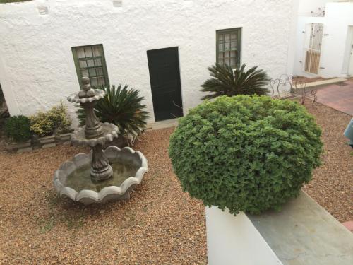 a fountain in front of a building with a bush at EpiStay in Tulbagh