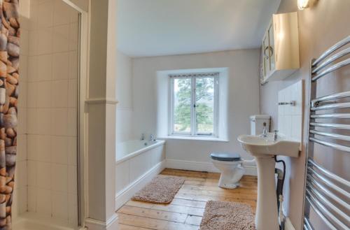 a bathroom with a sink and a toilet and a tub at 2 Tan-y-castell in Dolwyddelan