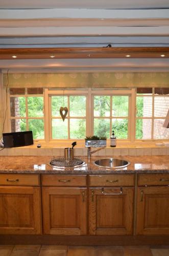 a kitchen with a sink and two windows at Bucket Lock Cottage in Warwick