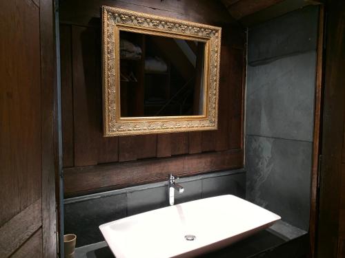 a bathroom with a white sink and a mirror at Les Confidences de Messire Sanglier, stylished guest houses in Beauraing