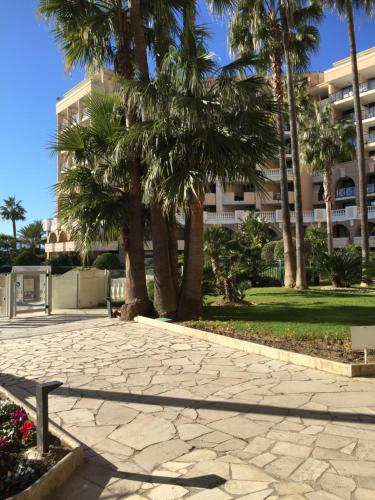 un parc avec des palmiers et un banc devant un bâtiment dans l'établissement Appartement Belle Azur, à Cannes