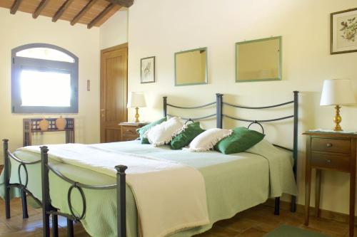 Fienile villa cottage في Bucine: غرفة نوم بسرير كبير ومخدات خضراء