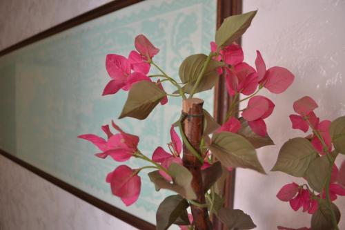 a vase with pink flowers in front of a mirror at Sa Marina in La Caletta