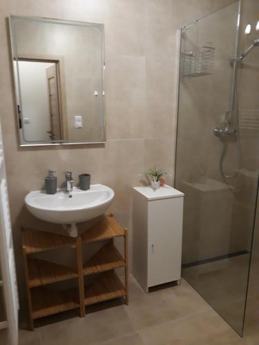 a bathroom with a sink and a shower at Apartment Jasna - Lucky in Belá