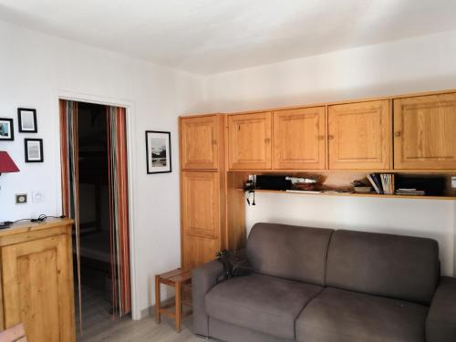 a living room with a couch and wooden cabinets at La Dauphinoise Alpe d'Huez in L'Alpe-d'Huez