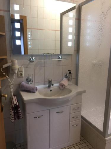 a bathroom with a sink and a mirror at Gästehaus Kübler in Haus im Ennstal