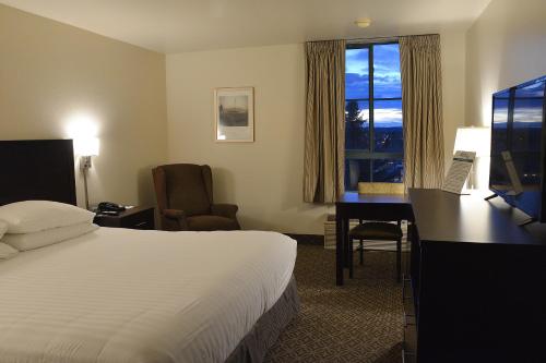 um quarto de hotel com uma cama, uma secretária e uma janela em The Great Falls Inn By Riversage em Great Falls