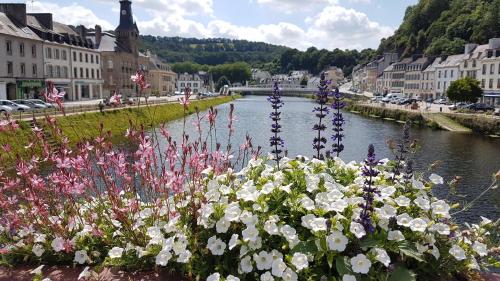 a river with flowers in the middle of a city at Chambres Dhôtes Numéro 1 in Châteaulin