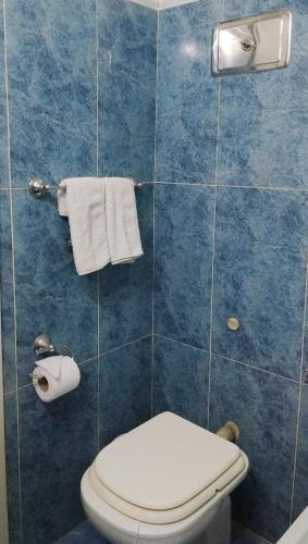 a bathroom with a white toilet and blue tiles at Plaza Independencia in Mendoza