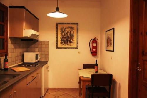 a small kitchen with a table and a microwave at Terpsichore Apartments in Kyparissia