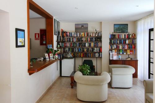 a living room with two chairs and bookshelves at Apartamentos Punta Marina in Valle Gran Rey
