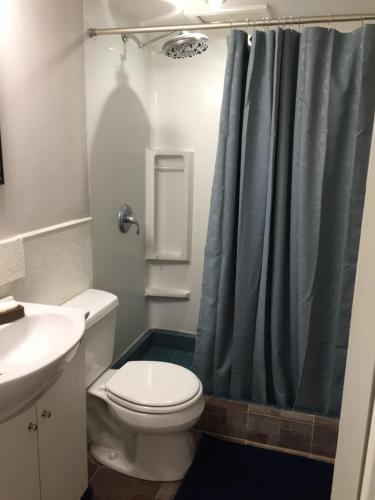 a bathroom with a toilet and a blue shower curtain at The Calgary Hub hostel style Home in Calgary