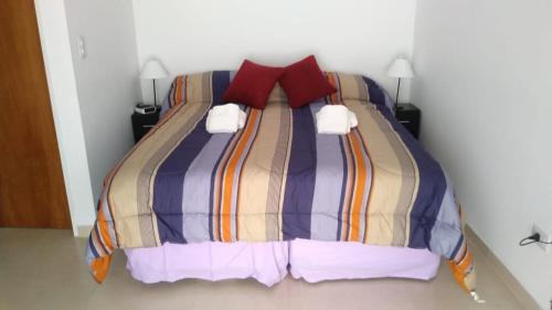 a bed with a colorful blanket and two red pillows at Aloha VI - El Palomar in El Palomar