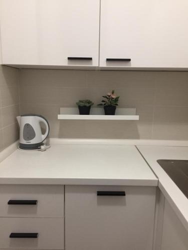 a kitchen with white cabinets and two potted plants at Nova Galerija West App MARY - parking in garage in Zagreb