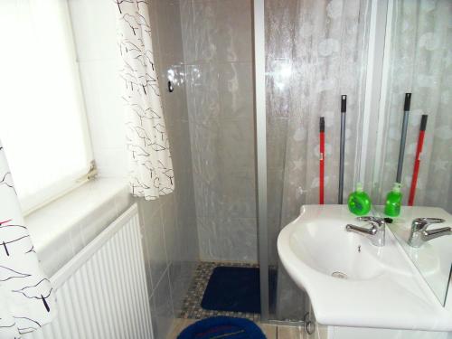 ein Bad mit einem Waschbecken und einer Dusche in der Unterkunft Ferienhaus von Bargen in Cuxhaven