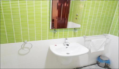 ein grün gefliestes Bad mit einem Waschbecken und einem Spiegel in der Unterkunft TAKIALT in Adrar