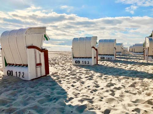 a row of beach chairs on a sandy beach at MyHome Ruegen - Haus Johanneshorst in Ostseebad Sellin