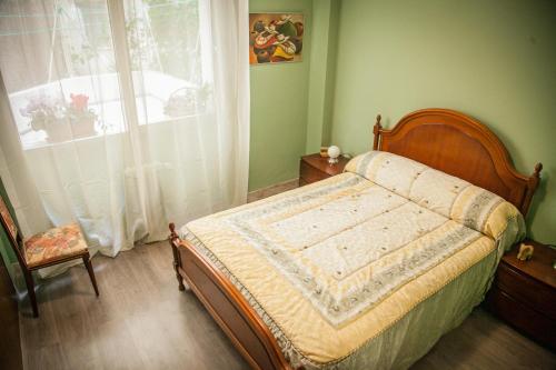 a bedroom with a bed and a window and a chair at Pensión Parque del Ebro in Logroño