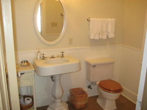 een badkamer met een wastafel, een toilet en een spiegel bij Backwoods Bed and Bath in McGregor
