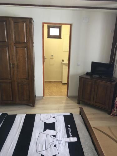 a room with a bed and a door to a bathroom at Wineyards Salin in Turda